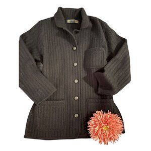 Vintage Herman Geist Womens Navy Ribbed Wool Cardigan Sweater Button-Front Pocke